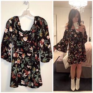 OFF THE SHOULDER DRESS Trumpet Sleeve Black Floral SMALL